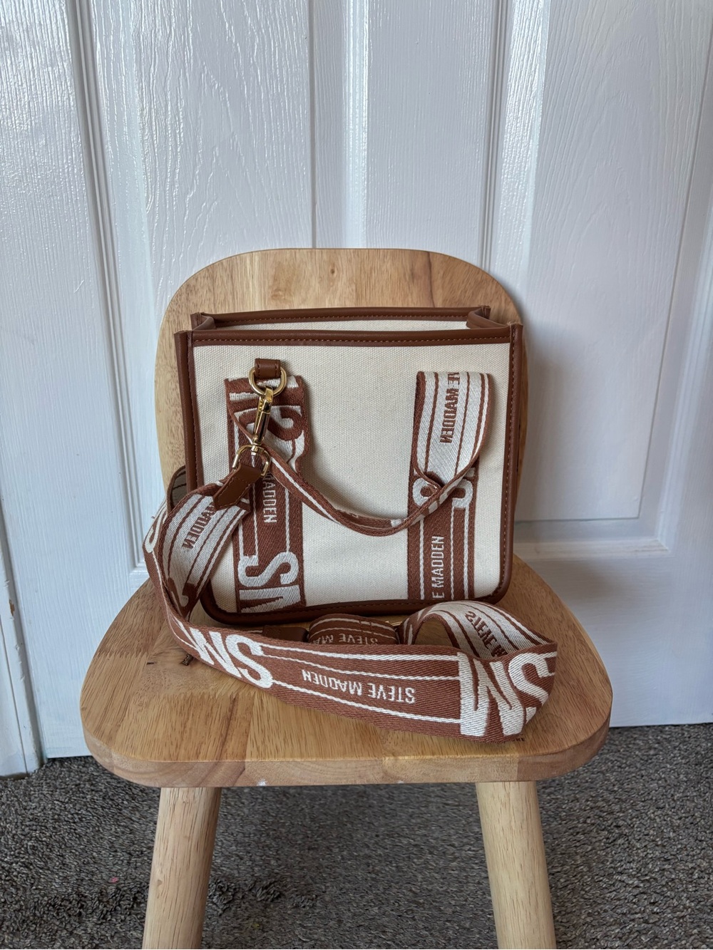Steve Madden Cream and Brown Logo-Striped Canvas Crossbody